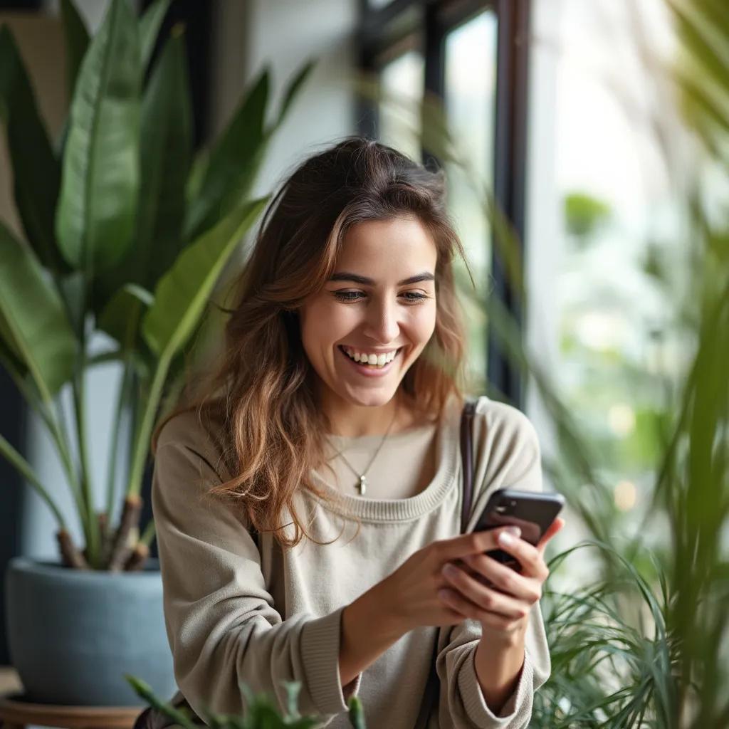 Mujer feliz con celu reparado